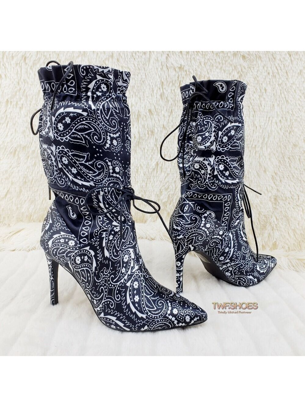 NIB Bandanna Madness Drawstring 4" Stiletto High Heel Mid Calf Boots Black - Picture 1 of 11